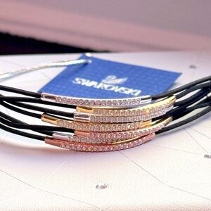 ✨ Edgy Swarovski Black Leather, Crystal Bracelet with Rose Gold Plated Settings